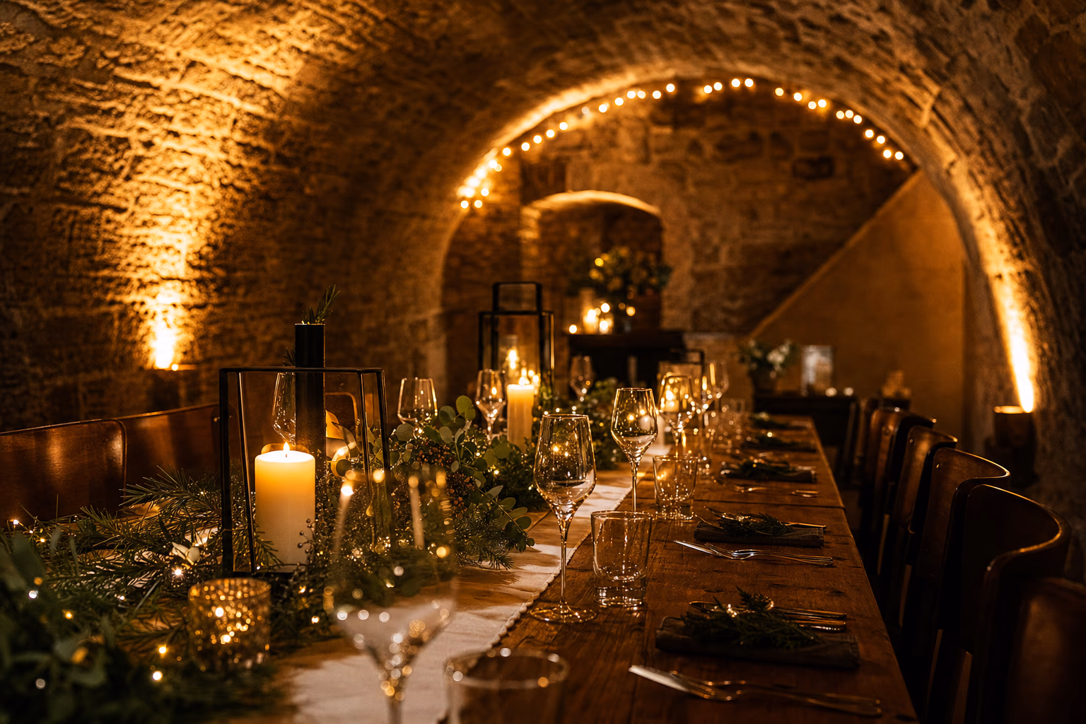 Festlich gedeckte lange Tafel im historischen Gewölbekeller